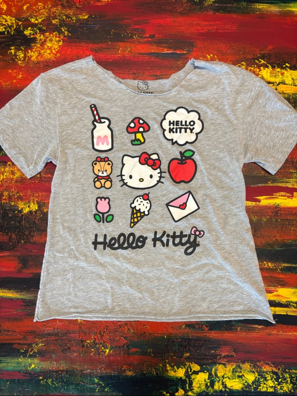 Hello Kitty Gray Short Sleeve Tee with Colorful Icons